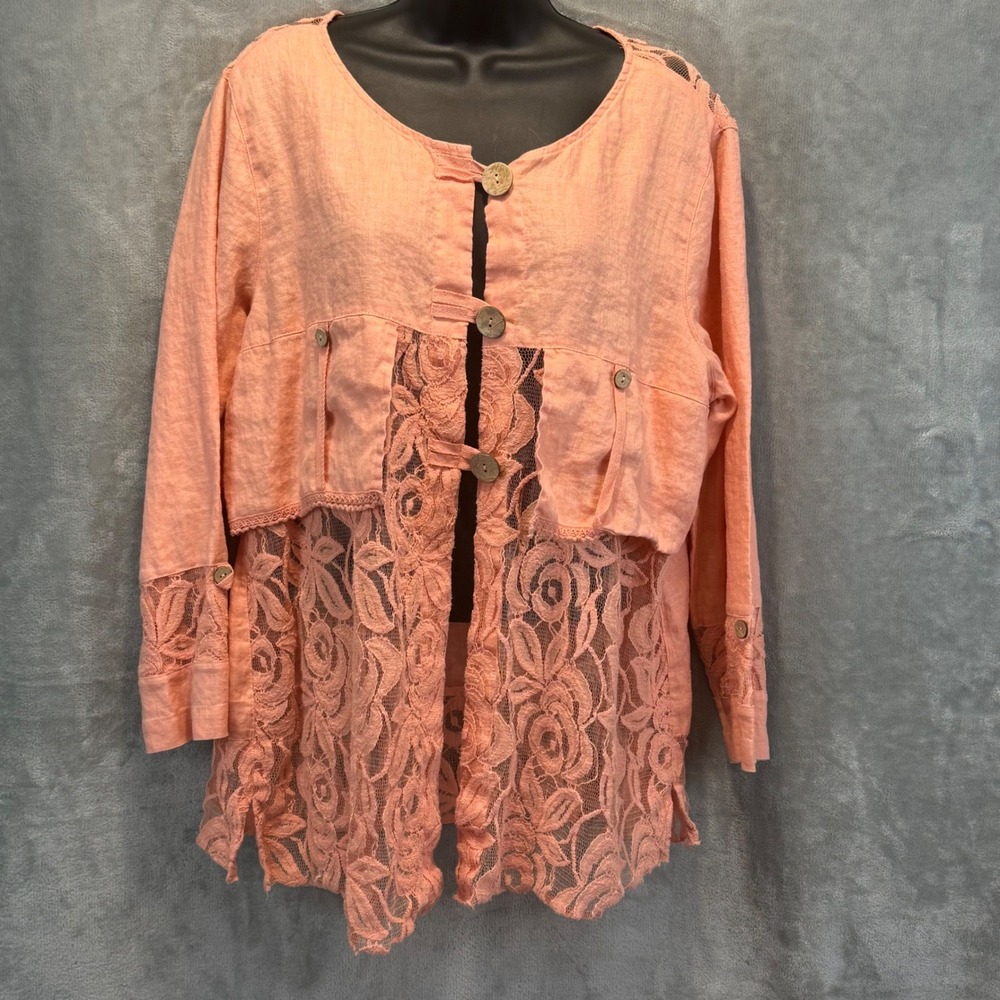 Ali Miles Womens Large Peach Linen Floral Lace Button Front Boho Tunic Top